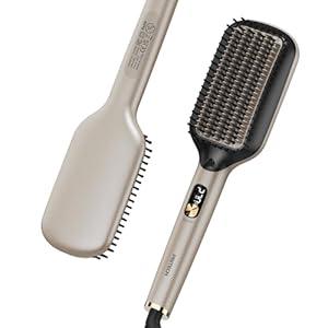 PRITECH Hair Straightening Brush Ionic 250-450F Fasting Heating Anti-Scald & Auto-Off, Wide Plates Flat Iron Comb Teeth Dual-Voltage Straightener Hot Brush Ionizer Anti-Frizz 