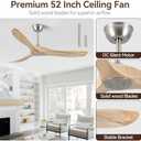 52 Inch Ceiling Fan with Remote Control, Solid Wood, 6-Speed DC Motor, 3 Reversible Natural Wooden Blades, 1/4/8 Hour Timer, Quiet & Energy Efficient for Indoor/Outdoor Use