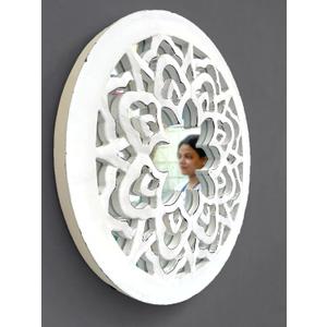 Mirror Wall Dcor,Carved Wood Wall Mirror Dcor 14" Round,Hanging Wall Mirror with Wood Frame and Attached Hanging Bracket, Rustic Farmhouse Decor for The Living Room,Bathroom_White (14"L x 14"W, White Wash)
