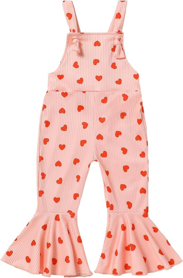 Pukdaswr Toddler Girl Valentine's Day Outfits Baby Girl Ribbed Sleeveless Bell-Bottoms One-Piece Romper Heart Jumpsuit(Jumpsuit 3,4-5 Years)