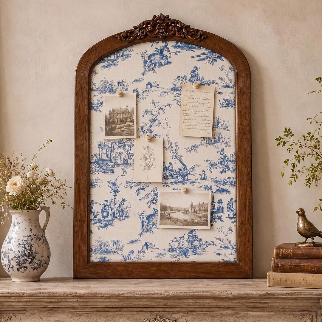 20 x 30 Inch Vintage Arched Pin Board French Toile Landscape Bulletin Board Blue Floral Cork Boards Decorative Fabric Picture Photo Memo Pinboard for Walls Picture Photo Display Living Room, 31.9" x 20.9"