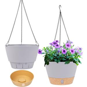 QCQHDU 2 Pack Hanging Planters for Indoor Outdoor Plants, 8 Inch Hanging Baskets Flower Pots with Reservoir Tray & Visible Water-Level (Light Grey)