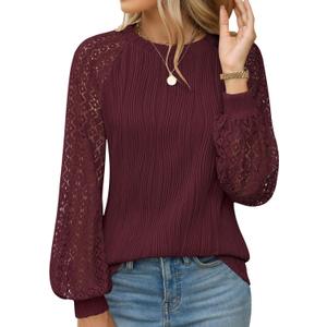 YZEGGO Womens Long Sleeve Textured Shirts Lace Tops Dressy Business Casual Blouses Trendy Outfits 2025, XL