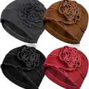 4 x 4 Pieces Cotton Chemo Turbans Headwear Beanie for Women Soft Head scarf Cap Elastic Chemo Hats Covers Wraps for Cancer Patient Hair Loss