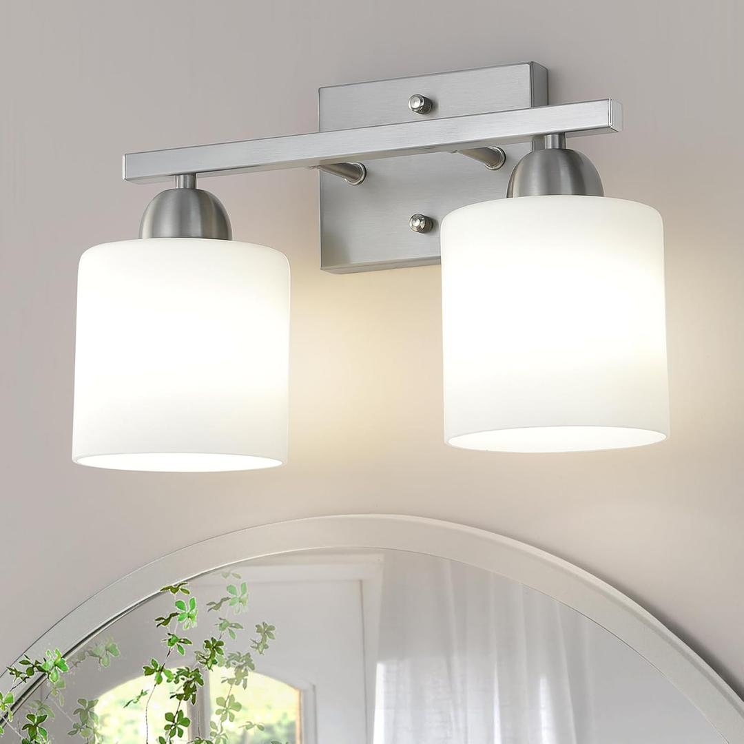 Stainless Steel Milk Glass Vanity Lights for Bathroom, 2 Light Brushed Nickel Bathroom Light Fixtures Over Mirror, Ceramic E26 Sockets Wall Mounted Stainless Steel Milk Glass Vanity Lights for Bathroom, 2 Light Brushed Nickel Bathroom Light Fixtures Over Mirror, Ceramic E26 Sockets Wall Mounted