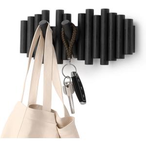 Umbra Picket Wall-Mounted Coat Rack Rail Hook with 5 Retractable Wood Pegs  Modern, Space-Saving Storage Organizer, Black