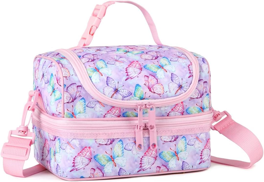 VASCHY Lunch Box Bag Kids, Insulated Two Compartments Bento Cooler Bags for Girls w Shoulder Strap for School,Daycare,Kindergarten,Picnic Pink Butterfly