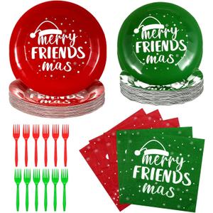 Vesici 100 Pcs Christmas Friendsmas Dinnerware Set 25 Set Disposable Party Supplies Paper Plates & Napkins & Forks for Guests Friendsmas Party Decoration