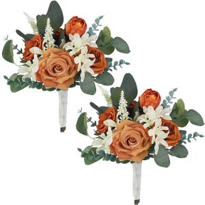 Rinlong 2Pcs Fall Bridesmaid Bouquet Burnt Orange Wedding Bouquets for Bridesmaids Artificial Flowers Boho Terracotta Wedding Bouquet