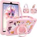 Coolden for iPad 5th/6th Generation Case 9.7 Pink Unicorn Cartoon Silicone Tablet Cover with Stand Handle & Shoulder Strap for Girls Kids Protective Shockproof Case for iPad Air 1st/2nd