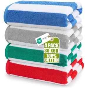 Utopia Towels Pack of 4 Cabana Beach Towels, Oversized 30 x 60 Inches Cotton Beach Towel Set, Smooth Ring Spun Texture for Pool and Swim Days, Modern Striped Design Bath Towels (Blue, Grey, Red, Green)