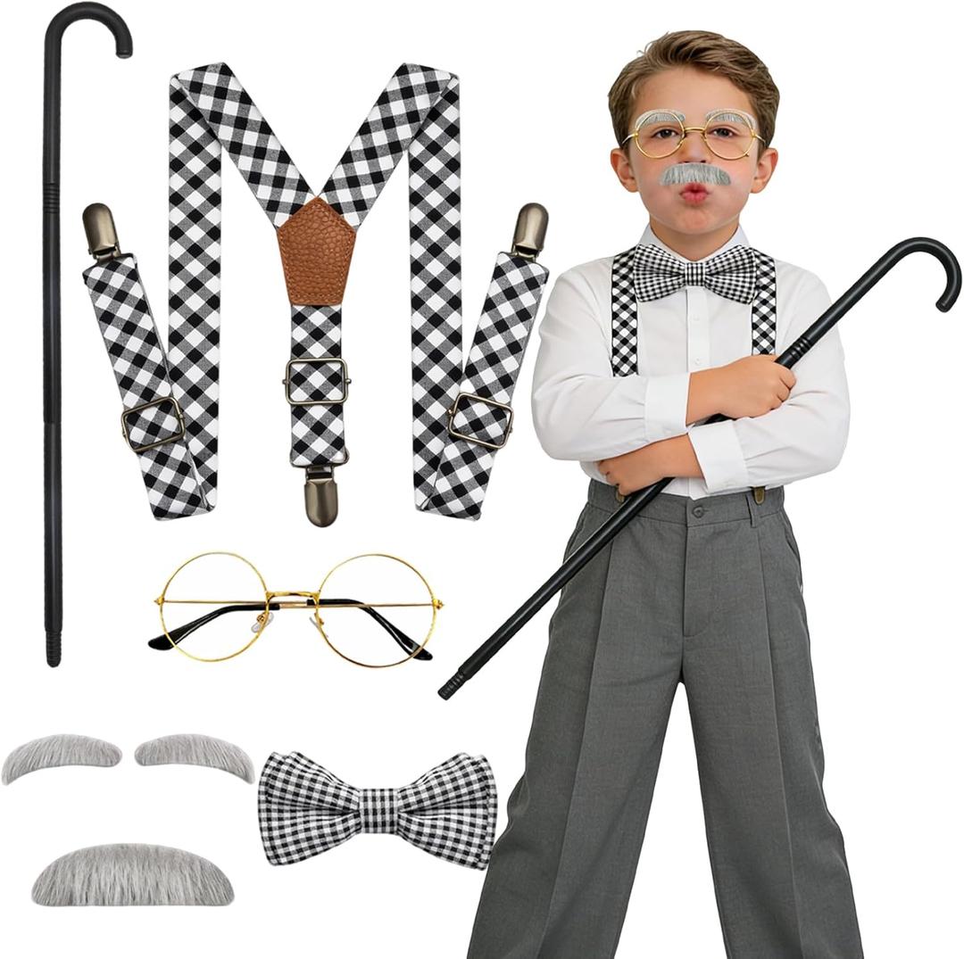 Old Lady Costume for Women, 100 Days of School Old Lady Costume for Girls Granny Costume Accessories with Gray Wig Wig Cap Glasses with Chains Necklace Handbag and Grandma Dress for Cosplay Outfits