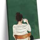 QGJQCFY Coffee Lover Canvas Wall Art, Green, 16x24in | Modern Simplicity Woman Drinking Coffee, Minimalism Poster Prints, Kitchen Dining Room Artwork, Home Decoration
