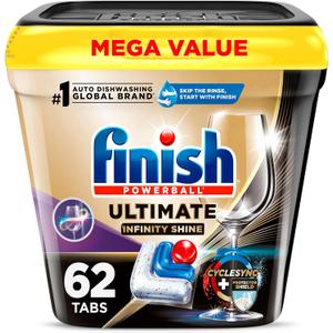 Finish Ultimate Infinity Shine Dishwasher Pods, No Pre-Rinse Dishwasher Detergent Soap Removes Burnt-On Stain, with Protector Shield & CycleSync Technology, Degreasing & Scrubbing Power, 62 Count