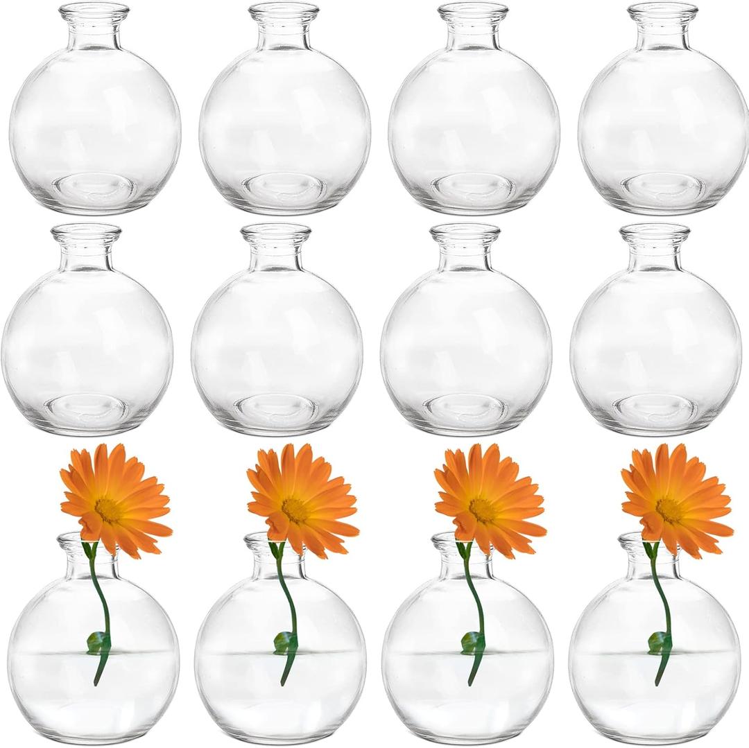 SOUJOY Set of 12 Small Glass Ball Bud Vase, Unique Mini Low Sitting Flower Vase, Clear Floral Centerpieces for Home Decor, Weddings, Floral Arrangements, Events, Parties