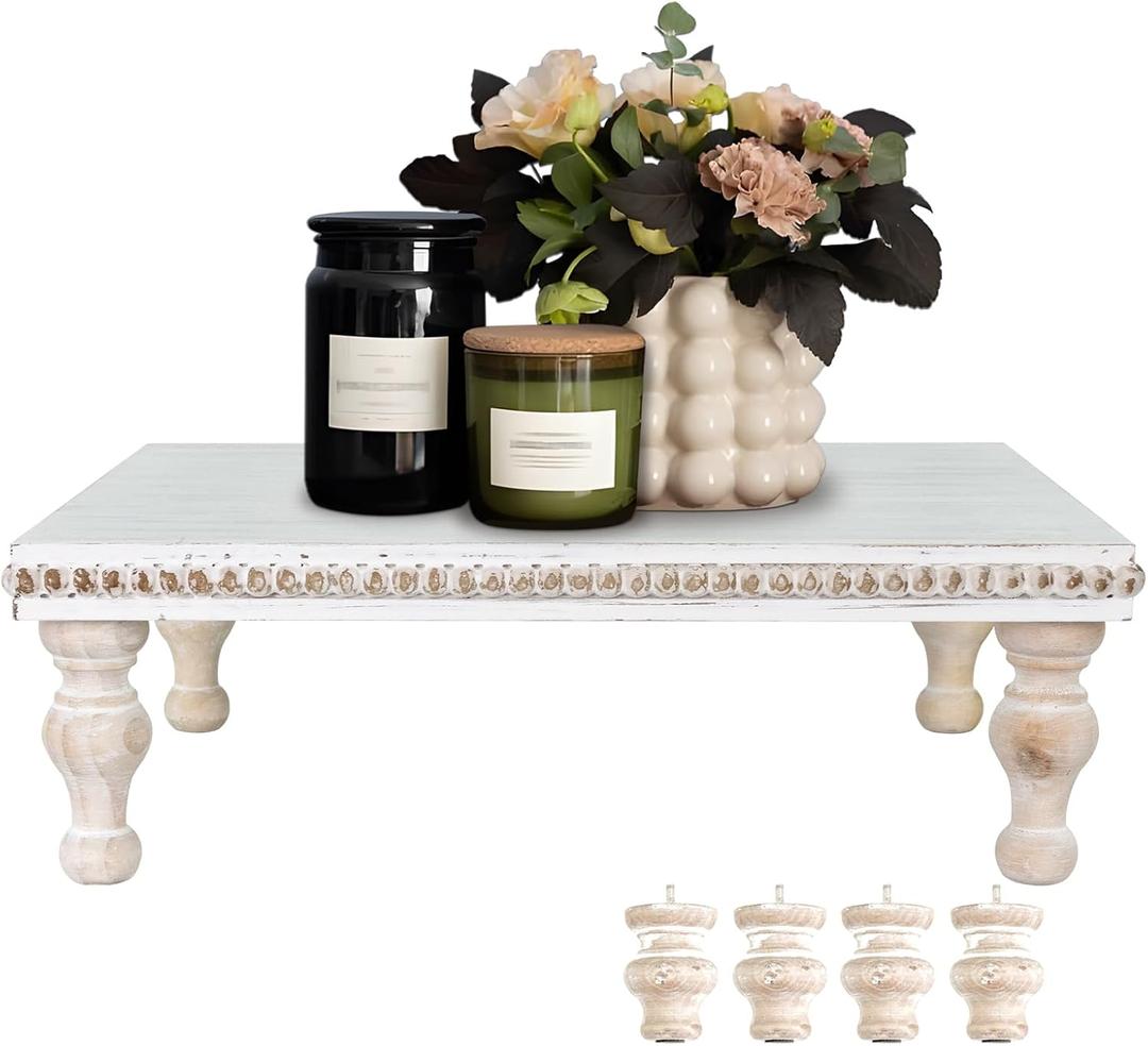 MAONAME Wood Display Risers Decorative tray, Farmhouse Pedestal Stand for Display Home Decor, Vintage White Beaded Wooden Tray for Kitchen Counter, Short and Tall Footed
