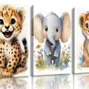 3Pcs Safari Animals Nursery Canvas Wall Art Jungle Animals Cheetah Elephant lion Posters Print Kids Room Watercolor Pictures Wall Decor for Boy Girl and Baby Room wall decoration 16x24in Canvas