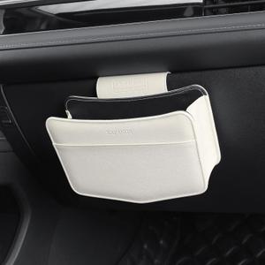 Car Trash Can Small Leather Vehicle Trash Bin Car Dustbin Garbage Organizer Holder with Trash Bag Foldable Mini Cars Storage Bag Container for Auto SUV Van Trucks (White,Glovebox Hanging)