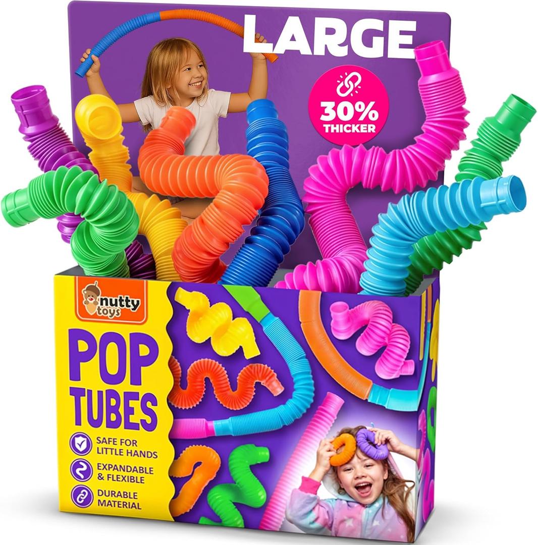 Nutty Toys Pop Tubes - Large 4-Pack Sensory Toys - Creative STEM Learning for Kids & Toddlers - Connect & Pop! Top ADHD Autism Fidget 2026, Best Boy & Girl Easter Basket Essentials & Gift Ideas