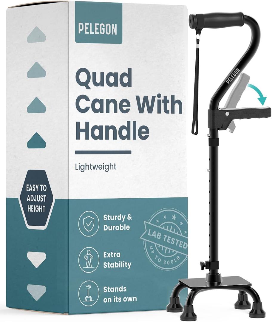 PELEGON Quad Cane for Women & Men for Stability (300LB) - Adjustable Walking Cane with A Large 4 Pronged Base for Balance & Stability, Walking Canes for Seniors, Walking Cane, Walking Sticks (Black)