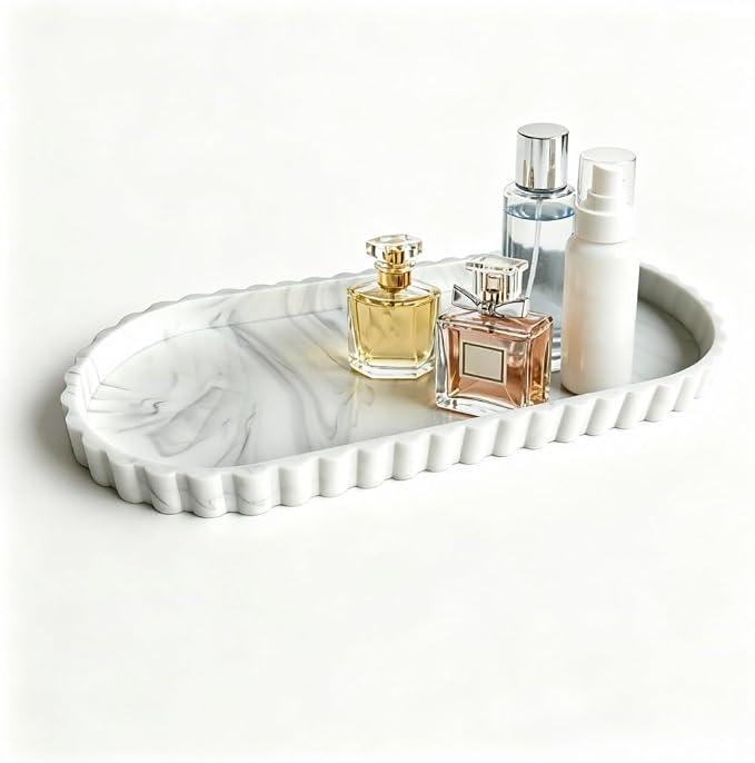 Bathroom Silicone Tray,Vanity Organizer,Counter Decor12"x 5",White Marble
Oval,Non Slip, Dishwasher Safe, for Dish Soap, Perfume, Candle, Sponge，Cosmetics storage