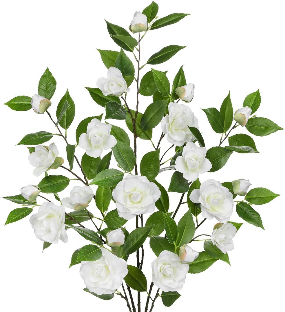 35.4" White Artificial Flowers Stems Real Touch Fake Camellia Fade Resistant, 3Pcs Realistic Faux Camellia Silk Flowers for Floral Arrangements, Table Centerpiece, Wedding, Living Room, Entryway Decor