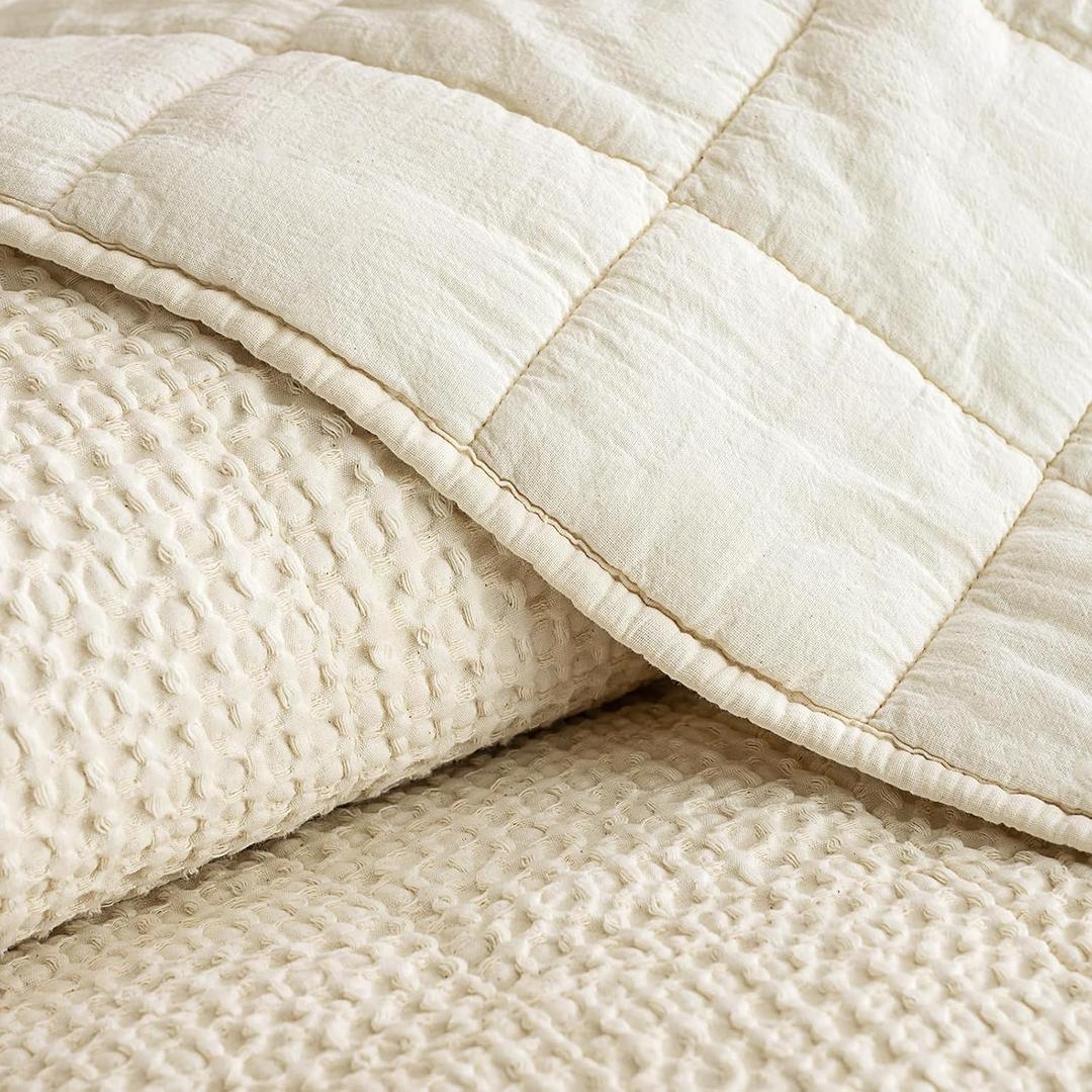 PHF Enzyme-Washed Waffle Quilt Set King (106"x90") - 100% Cotton Cover, 3PCS Soft Lightweight Square Quilted Bedspread with Polyester Fill, Cozy Coverlet for Home Decor, Natural Undyed