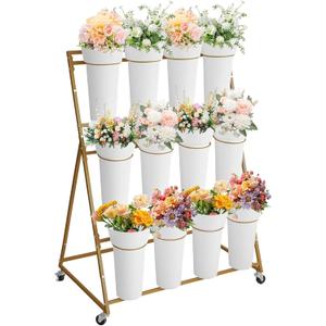 Garvee Flower Display Stand,3 Tier Flower Cart with 12 Round Buckets and Wheels, Moving Flower Cart Display Stand for Garden, Wedding, Flower Shop,Gold | Moving Flower Cart Display Stand for Garden, Wedding, Flower Shop,Gold