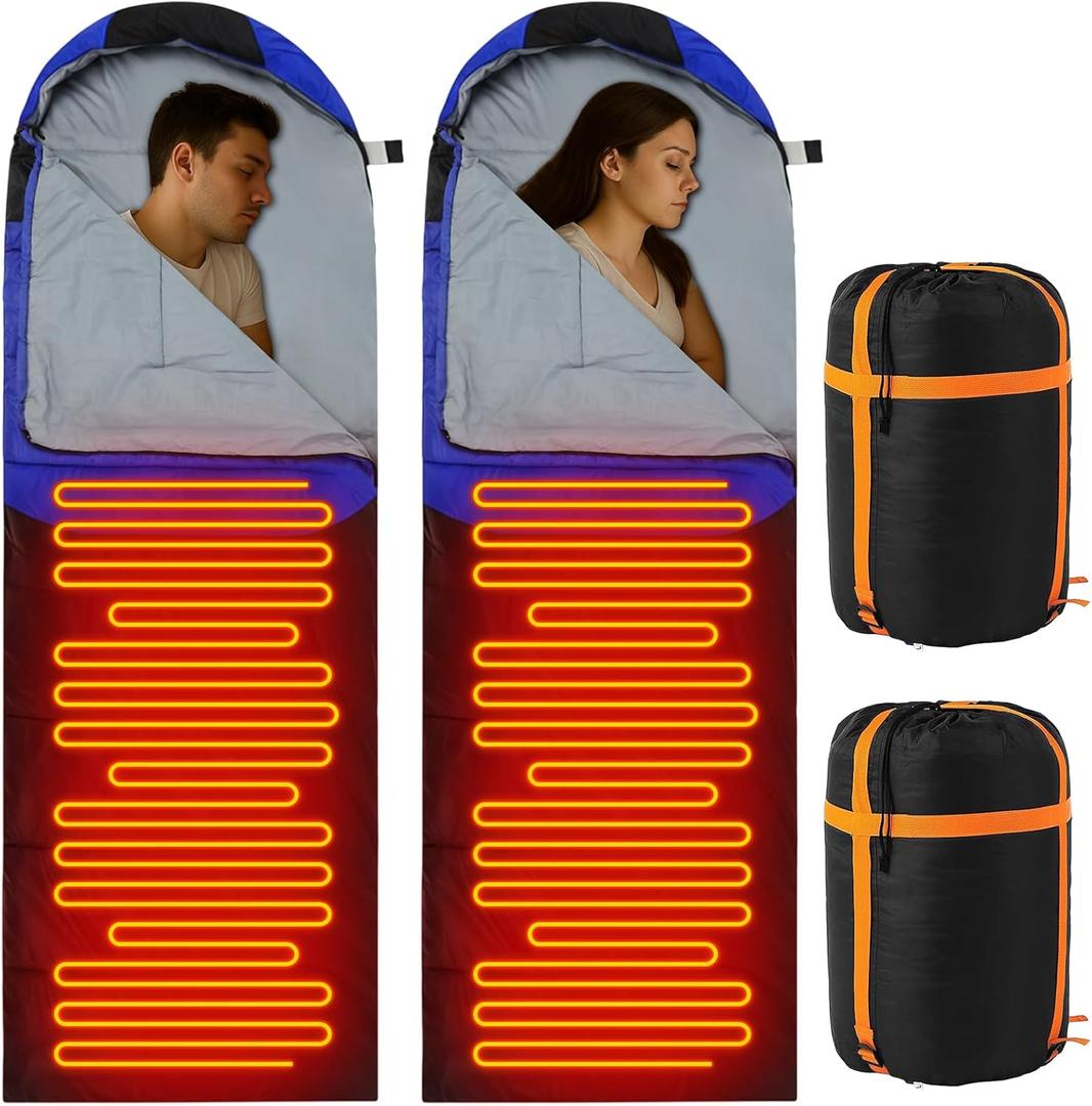 2 Pack Heated Sleeping Bag for Adults USB Electric Cold Weather Sleeping Bag with 4 Zone Carbon Fiber 3 Adjustable Heating Levels Waterproof for All Season Camping & Hiking (Blue)