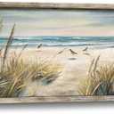 Beach Ocean Painting Wall Art: Framed Coastal Picture Wooden Sea Bird Print Seaside Sand Seascape Artwork Decor for Living Room Bedroom Bathroom 24x12 inch (24L" x 12W")