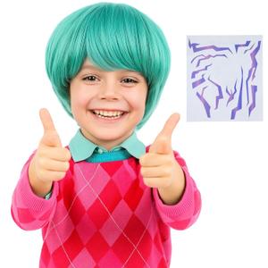 Short Green Synthetic Hair Costume Wig with 2 PCS Tattoos  Natural Looking Cosplay Wigs for Halloween Party, Cosplay Events (Green)