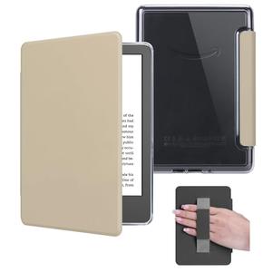 HOICHOE Case with Hand Strap for 6.8" Kindle Paperwhite 11th Generation 2021 and Kindle Paperwhite Signature Edition, PU Leather Cover, Transparent Hard Back Shell with Auto Sleep/Wake, Oat Coffee