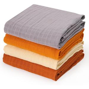 david's kids 4 Pack Baby Muslin Swaddle Blankets 47" x 47", 100% Cotton Swaddling Blankets Wrap for Boys Girls, Ultra Soft Breathable Receiving Blanket, New Born Essentials, Brown&Grey&Ginger&Beige