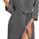 Ekouaer Robes for Women Knee Length Bathrobe Lightweight Kimono Robe 3/4 Sleeve Loungewear Soft Sleepwear with Pockets (Small, Dark Gray)