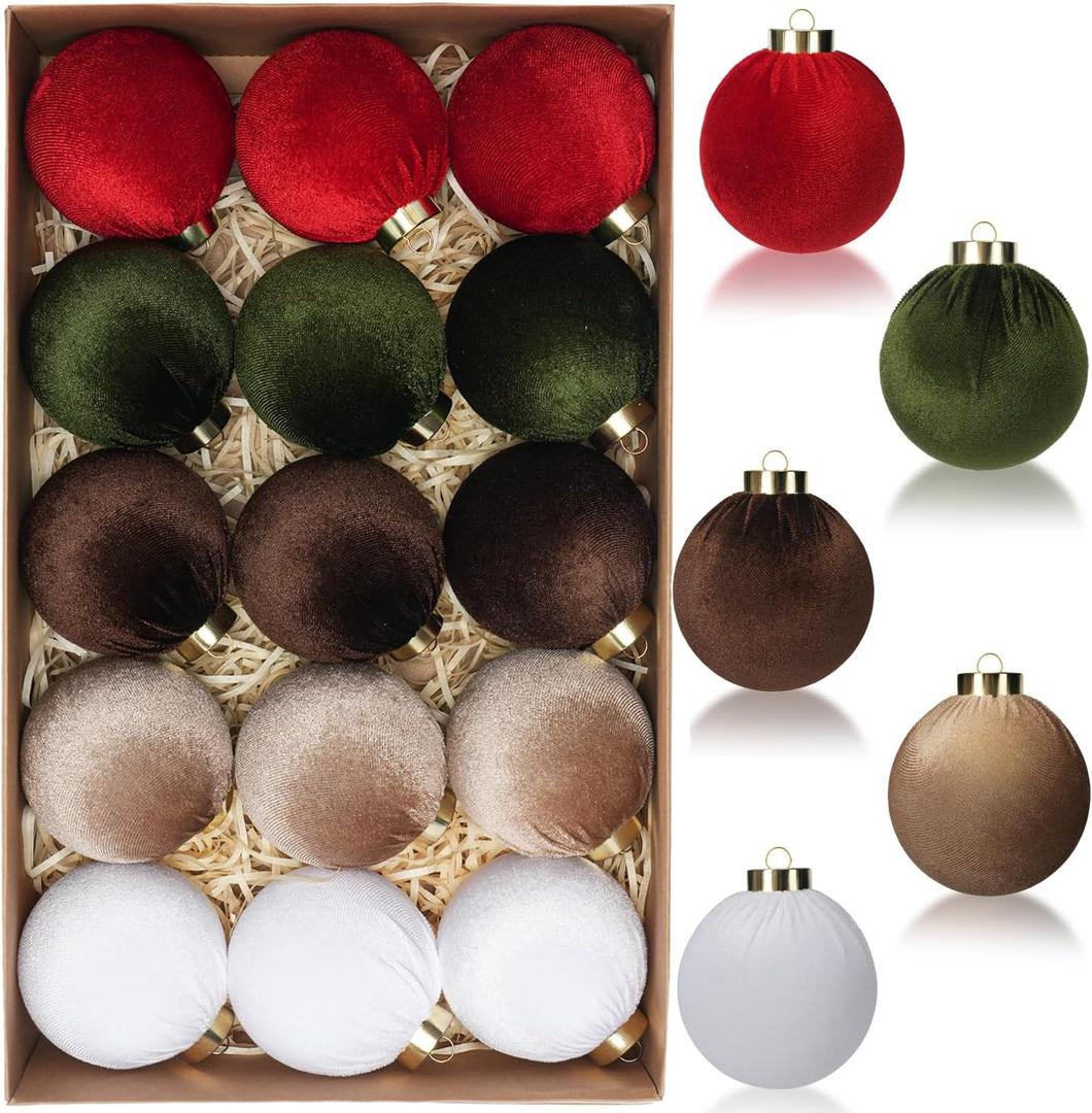Christmas Tree Ornaments Velvet Balls, 15 Pack 3.15 Inch Shatterproof Neutral Hanging Ornaments for Christmas Xmas Decoration Indoor Holiday Decorations (Mix Color)