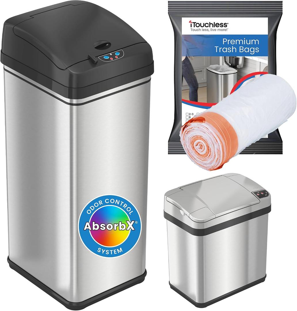 iTouchless 13 Gallon and 2.5 Gallon Automatic Touchless Sensor Kitchen Cans with Odor Control System, Stainless Steel, Includes 10 Premium Bags, CDZT02BG10