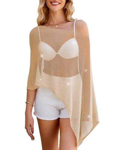 WeciBor Women's Gold Sheer Poncho Tops Y2K Knit Pullover Boleros Summer Lightweight Shrug Sweater Cover Up Beachwear