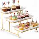 Gomakren 3 Tier Serving Stand with Porcelain Serving Platter Tray - Collapsible Gold Stand with 3 Piece Large14 Inch White Plates for Food Presentation Dessert Server Display and Entertaining (15.7" x 13.5" x 9.2")