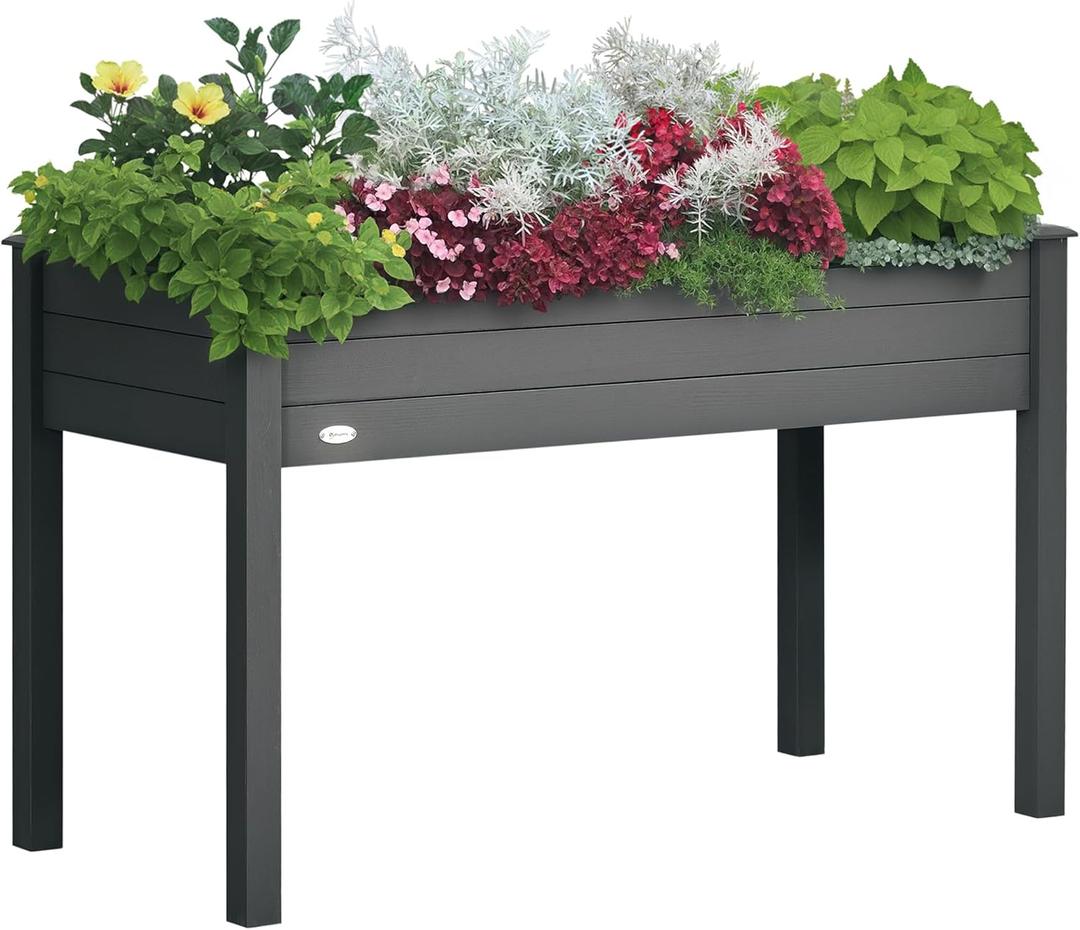 Outsunny Raised Garden Bed with Legs, 48" x 22" x 30", Elevated Wooden Planter Box, Self-Draining with Bed Liner for Vegetables, Herbs, and Flowers Backyard, Patio, Balcony Use, Dark Gray