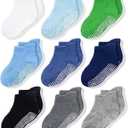 CozyWay Baby & Toddler Socks with Grippers Non Slip Ankle Grip Socks For Boys and Girls Babies - Comfy Soft Cotton - 9 Pack (1-3T, Blue)