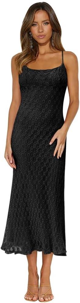 Women's Sleeveless Spaghetti Straps Scoop Neck Floral Lace Bodycon Midi Fishtail Dress Evening Party Dress Backless (Black, L)