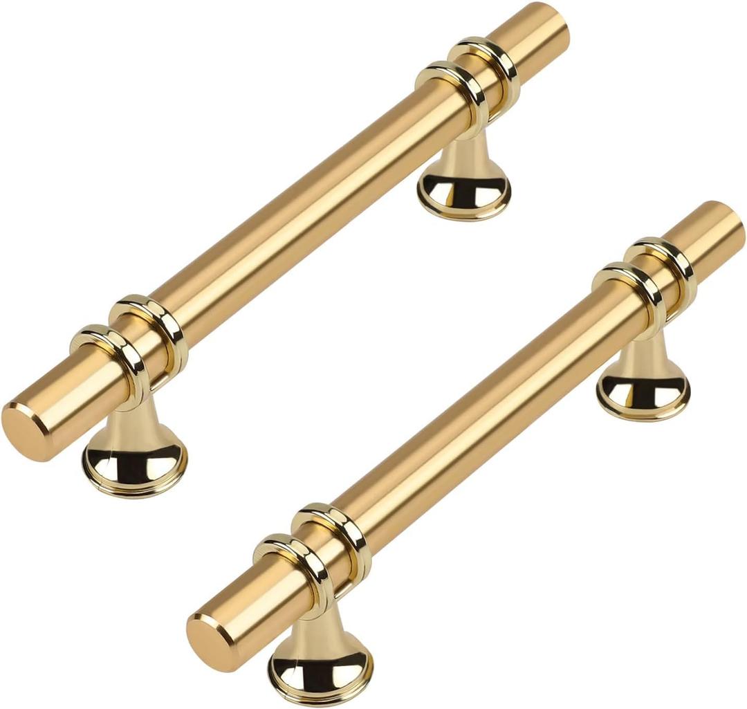 Haliwu 10 Pack Gold Cabinet Handles, Brushed Brass Cabinet Pulls Kitchen Handles Barrel Drawer Dresser Knobs Champagne Gold Pull Kitchen Hardware, 3-3/4 inch Hole to Hole Center