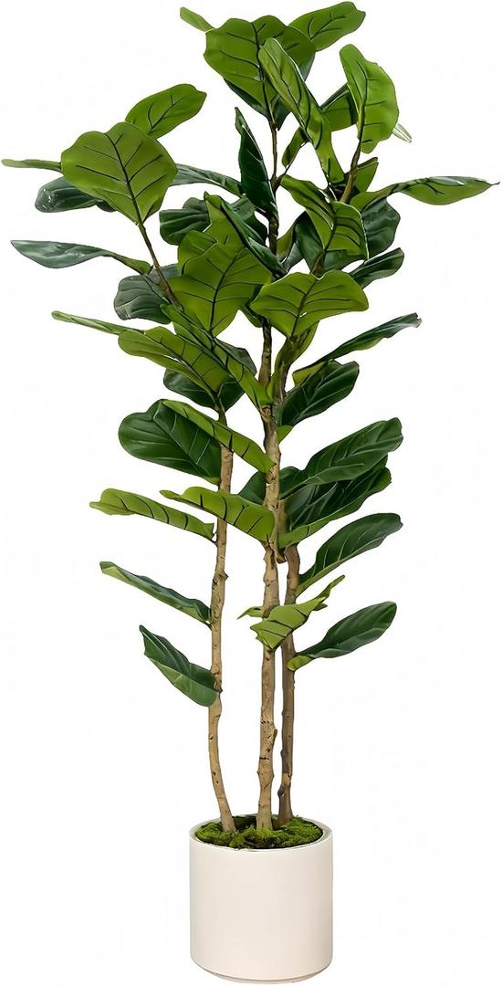 Artificial Fiddle Leaf Fig Tree 5FT with White Tall Planter-Large Faux Tree Tall Fake Floor Plant in Pot,Artificial Plants Indoor for Home Office Living Room Dcor(Lyrata 5FT)