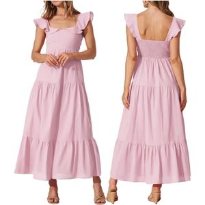 Women's Summer Sleeveless Ruffle Dresses 2024 Square Neck Smocked Backless Boho Flowy Beach A-Line Maxi Sundress, Large