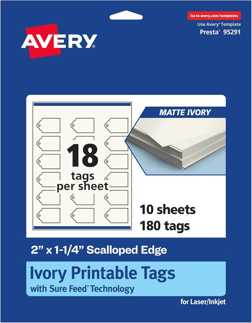 Avery Printable Rectangle Scalloped Tags, Sure Feed Technology, 2" x 1-1/4", Matte Ivory Cardstock, Print-To-The-Edge, Laser/Inkjet Printable, 180 Total, Great for Custom Gift or Branding Tags