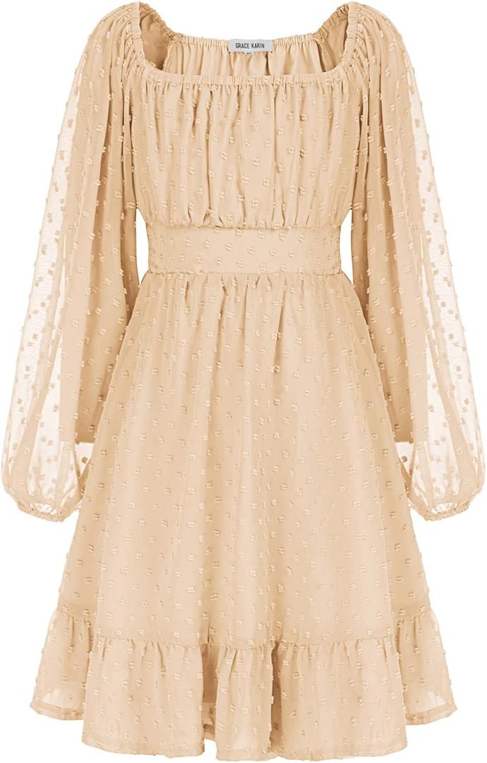 GRACE KARIN Girls Ruffle Tiered Dress Long Sleeve Swiss Dot Flowy A-Line Dress 6Y