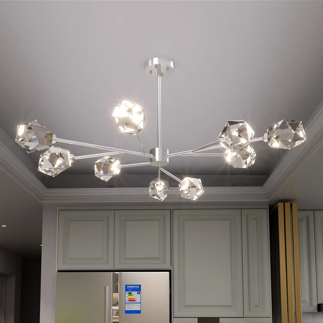 Sputnik Chandeliers for Dining Room Light Fixture, Modern Crystal Chandeliers, 9 Lights Silver Chandelier for Living Room Bedroom, Dining Room Chandelier Over Table, Kitchen Light Fixtures