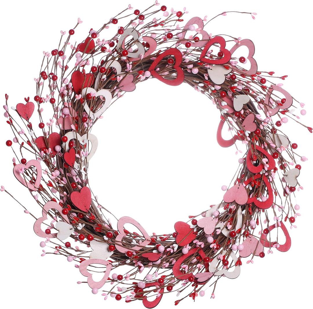 20 Inches Valentine's Wreath Romantic Valentine Wreath Artificial Valentines Day Wreaths for Front Door with Wooden Hearts Berry for Window Wall Entryway Indoor Outside