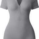 OQQ Women Rompers Ribbed Short Sleeve Zip Front Stretch Tummy Control Yoga Workout Rompers (X-Large, Smoke Grey)
