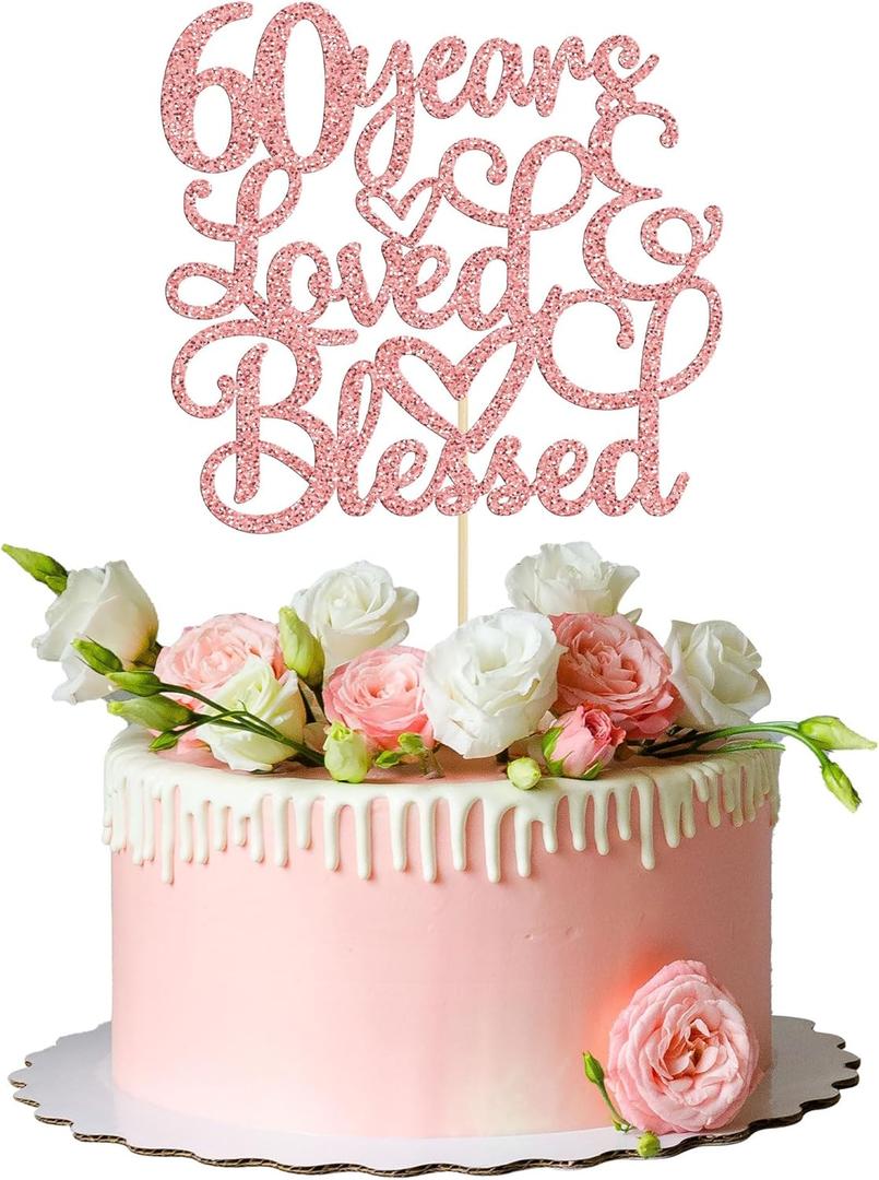 Gyufise 1Pc Rose Gold Glitter 60 Years Love and Blessed Cake Topper Cheers to 60 Years Happy 60th Cake Topper for 60th Birthday Wedding Anniversary Party Decoration Suppliers